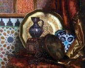 鲁道夫 恩斯特 : A Tambourine, Knife, Moroccan Tile and Plate on Satin covered Table